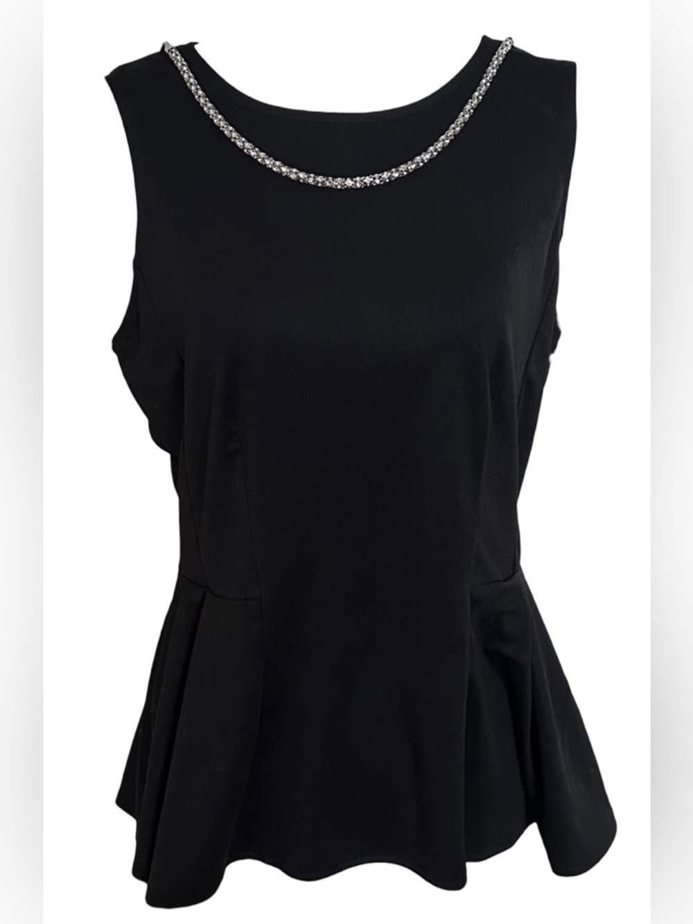 Sleeveless Black Peplum Top with Silver Decorative Necklace L